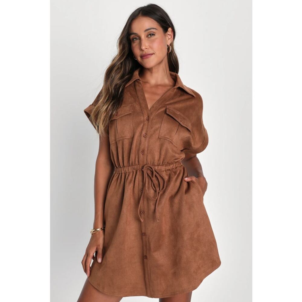Lulus Always Endearing Brown Suede Mini Dress Stretch with Pockets Women's Small